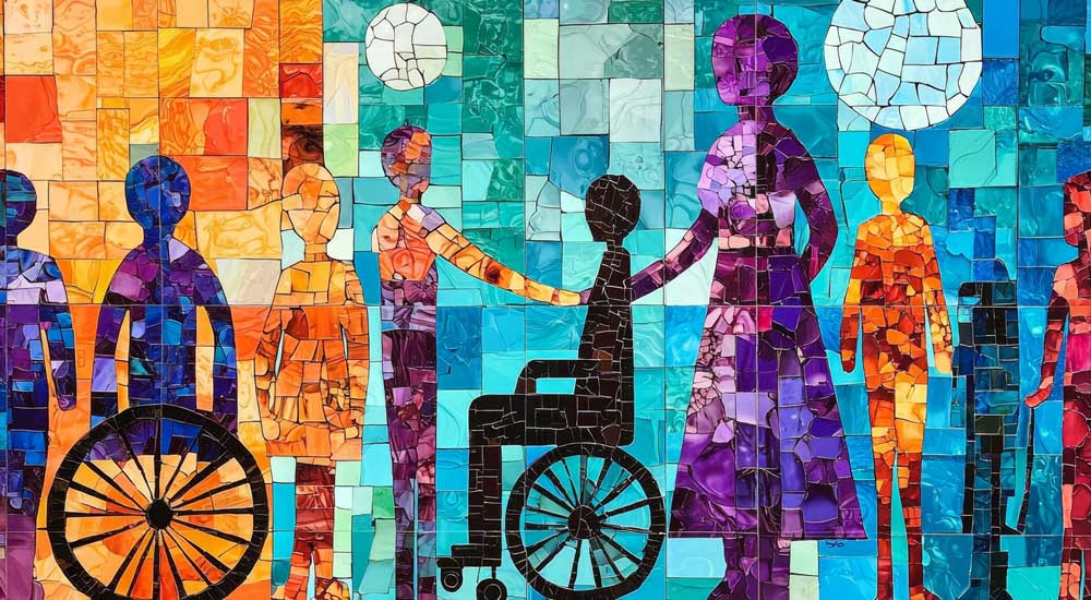 Symbols of disability on a lively backdrop
